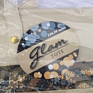 Glam Tote Bag Tan & Gold Double Handles & Shoulder Strap Zip Shut Slide Pockets